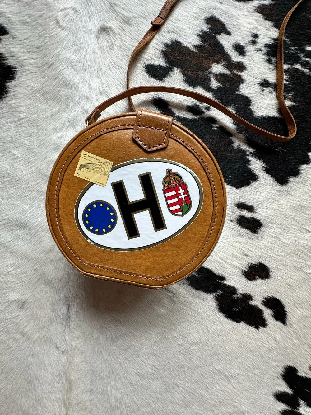 Vintage Leather Pillbox Crossbody Purse with Travel Stickers & Magnetic Closure